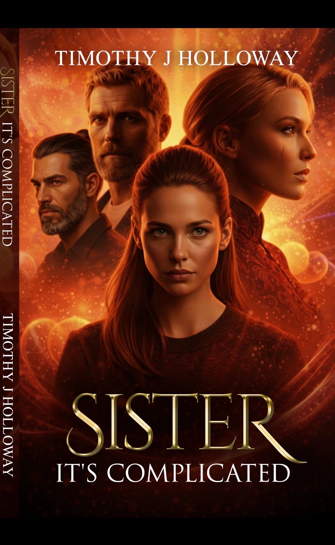 Book cover for "Sister It's Complicated" by Timothy J Holloway, featuring four intense characters.