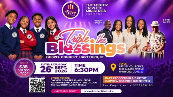 Flyer for Triple Blessings Gospel Concert in Hartford, CT, 2026.