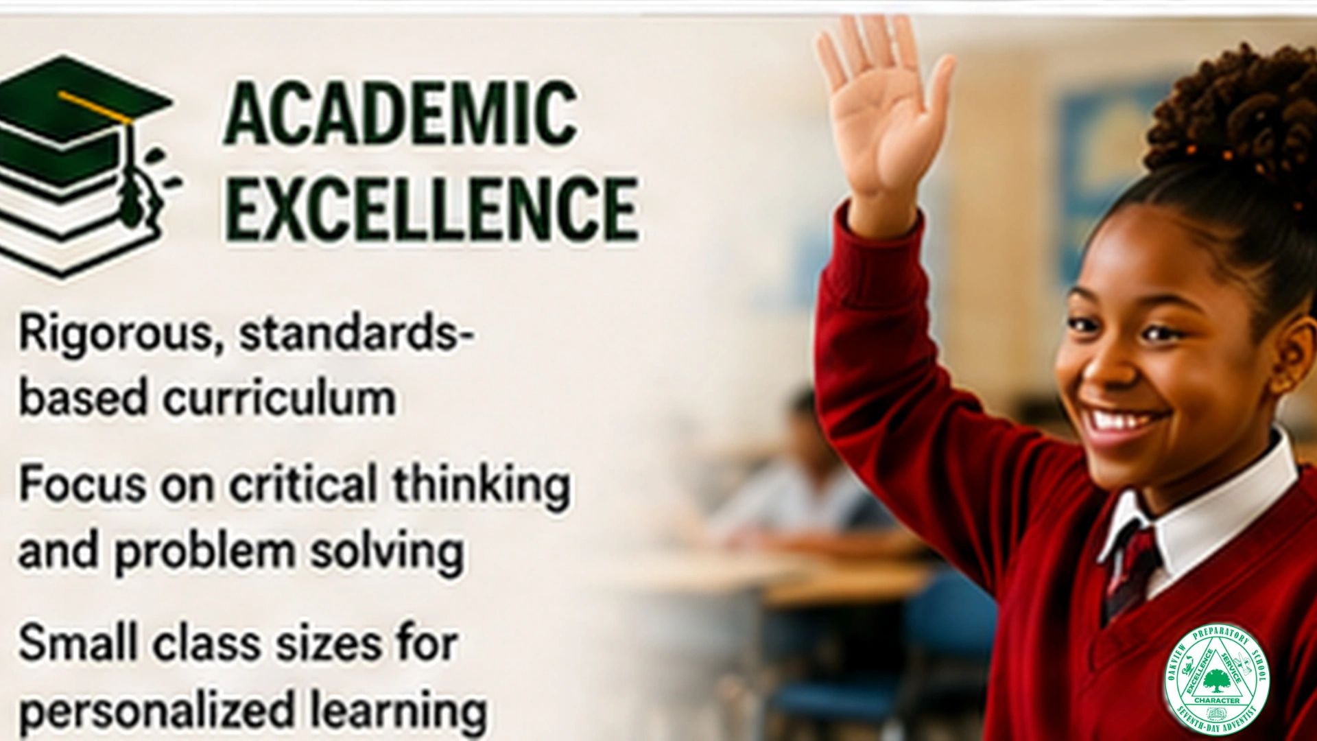 Smiling student raising hand in classroom promoting academic excellence.