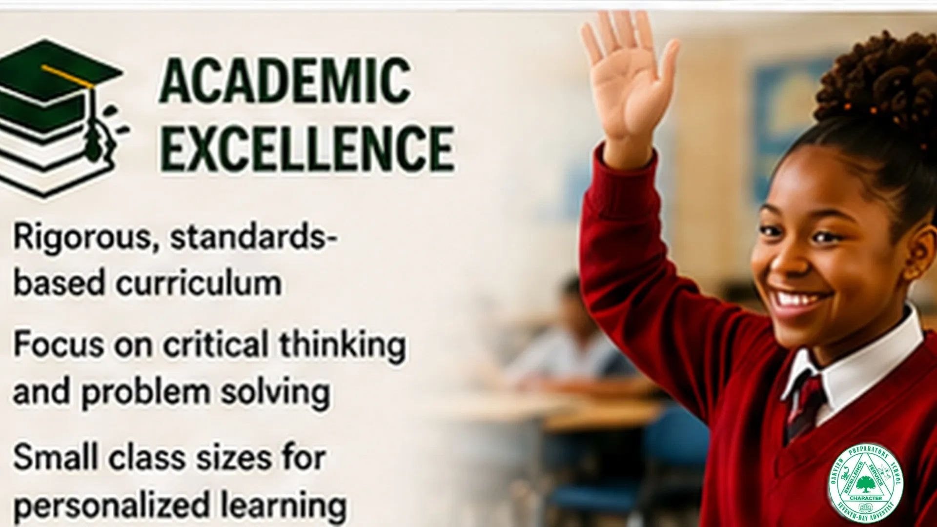 Smiling student raising hand in classroom promoting academic excellence.