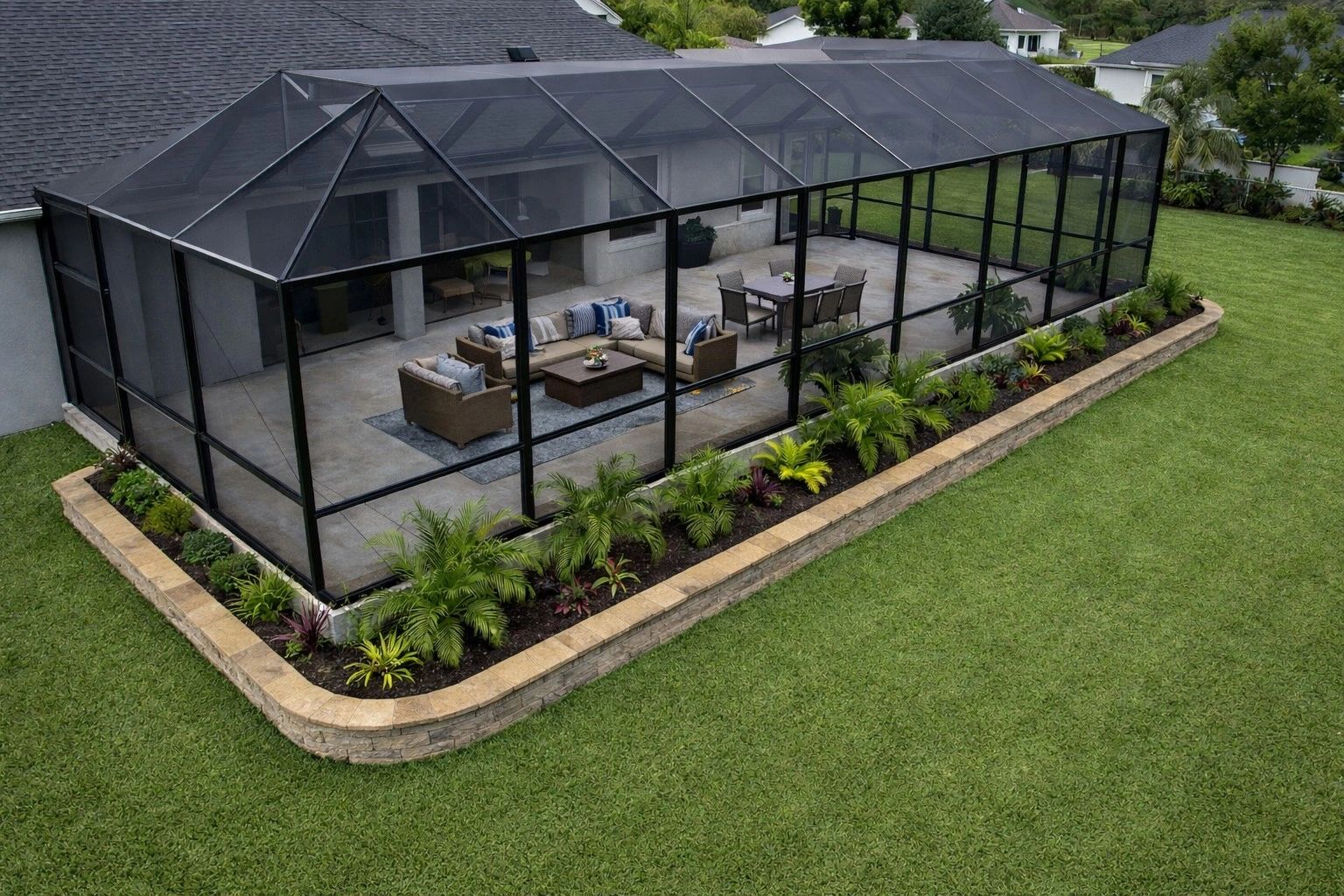 A large screened patio with outdoor furniture and plants around it.