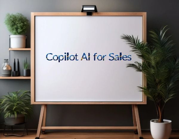 Whiteboard with 'Copilot AI for Sales' text, surrounded by green plants.