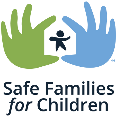 Logo with two hands surrounding a child figure and text Safe Families for Children.