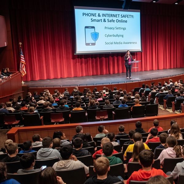 Speaker presents phone and internet safety to a large audience in an auditorium.