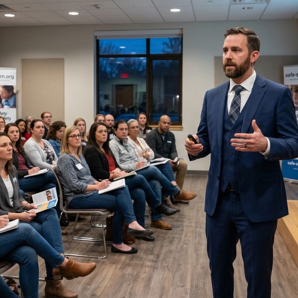A man in a suit giving a presentation to an attentive audience.