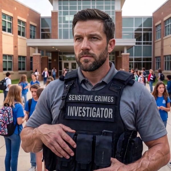 A serious investigator in a sensitive crimes vest stands in front of a school with students.
