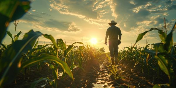 a farmer walking through a corn field 