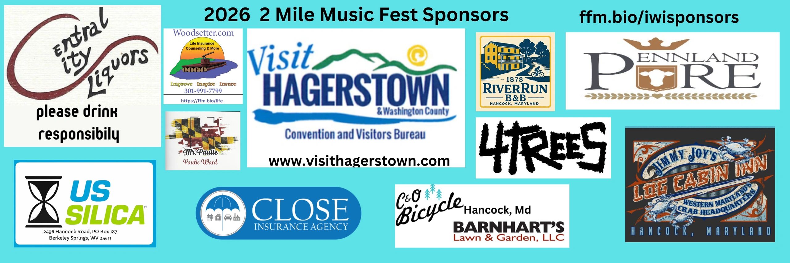 2026 2 Mile Music Fest sponsors logos on turquoise background.