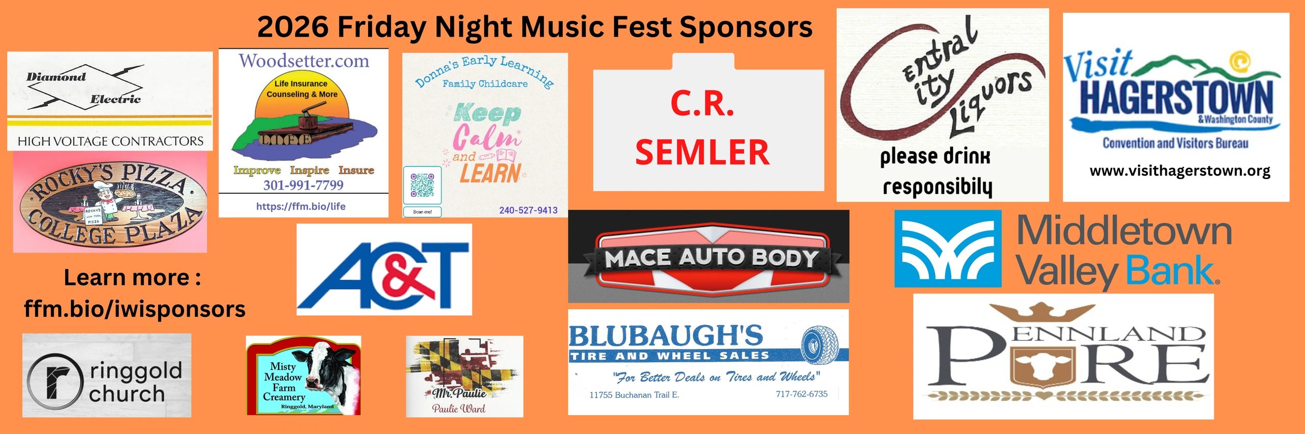 Logos of sponsors for the 2026 Friday Night Music Fest on an orange background.