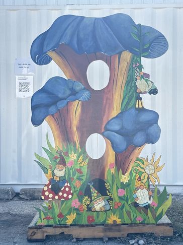 Gnome and mushroom photo cutout at Cap City Shrooms in Austin