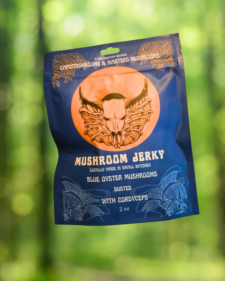 Blue in the Afternoon mushroom jerky bag