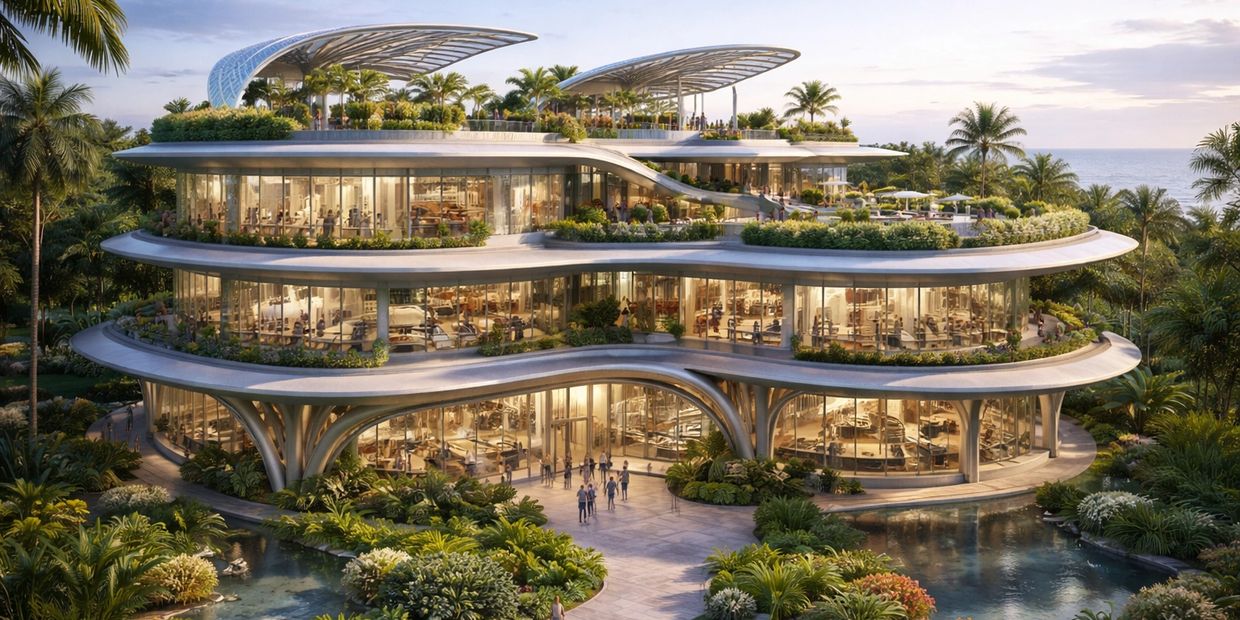 Futuristic multi-level building surrounded by lush greenery and water features.