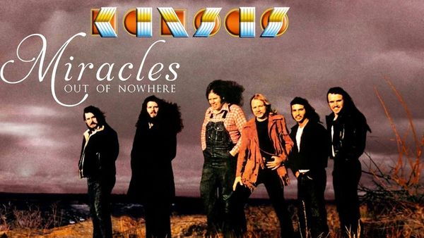 Kansas band posing outdoors under a dramatic sky for their album 'Miracles Out of Nowhere'.