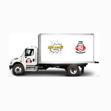 White truck with logos of Hard Knocks Publishing, The DJ Chronicles, and The Mash Up.