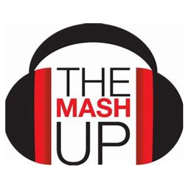 Logo with headphones and the text 'THE MASH UP' in black and red.