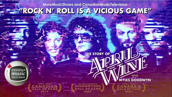 Glitched promotional poster for April Wine's story, highlighting rock n' roll and Canadian music honors.