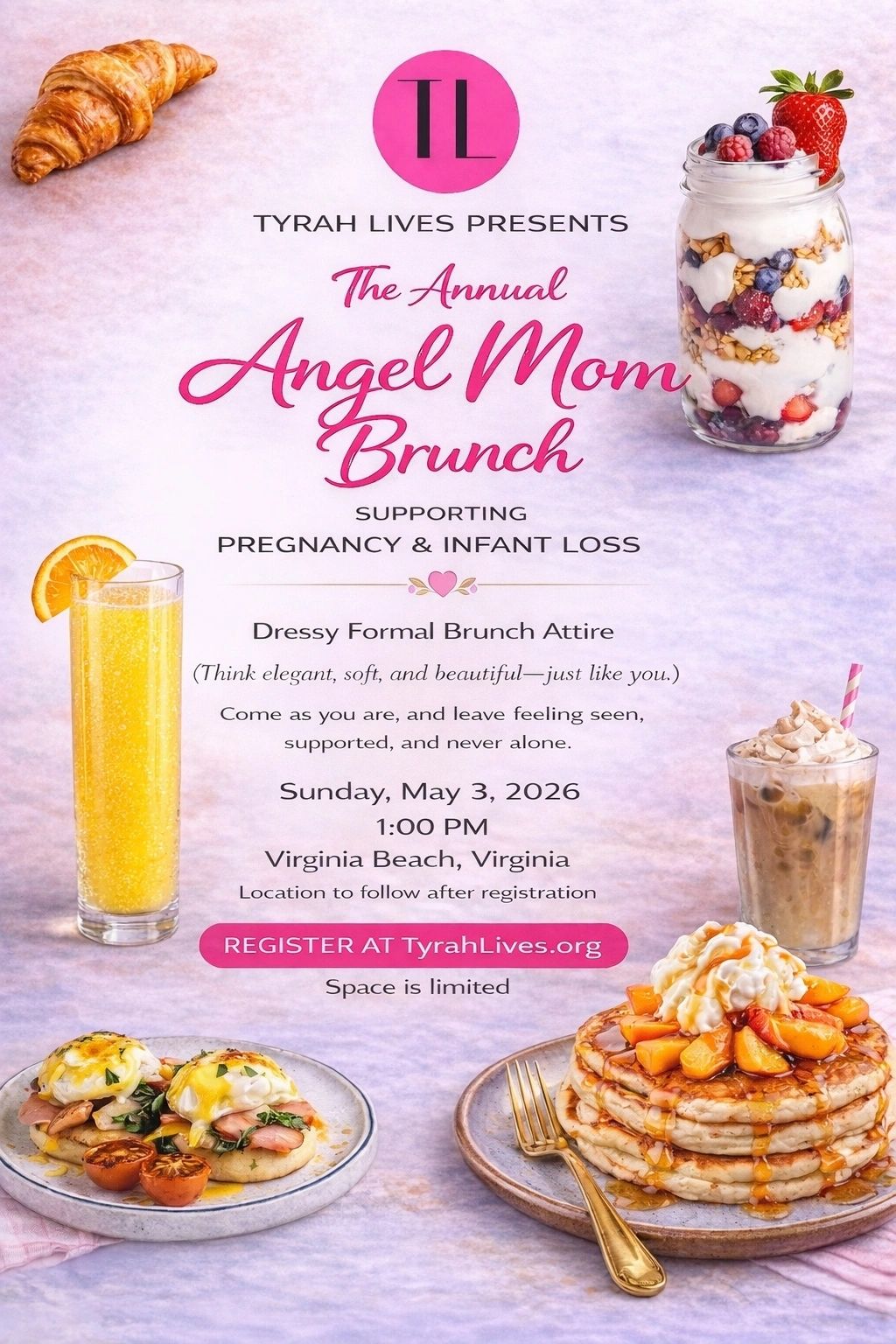 Flyer for Angel Mom Brunch supporting pregnancy and infant loss.