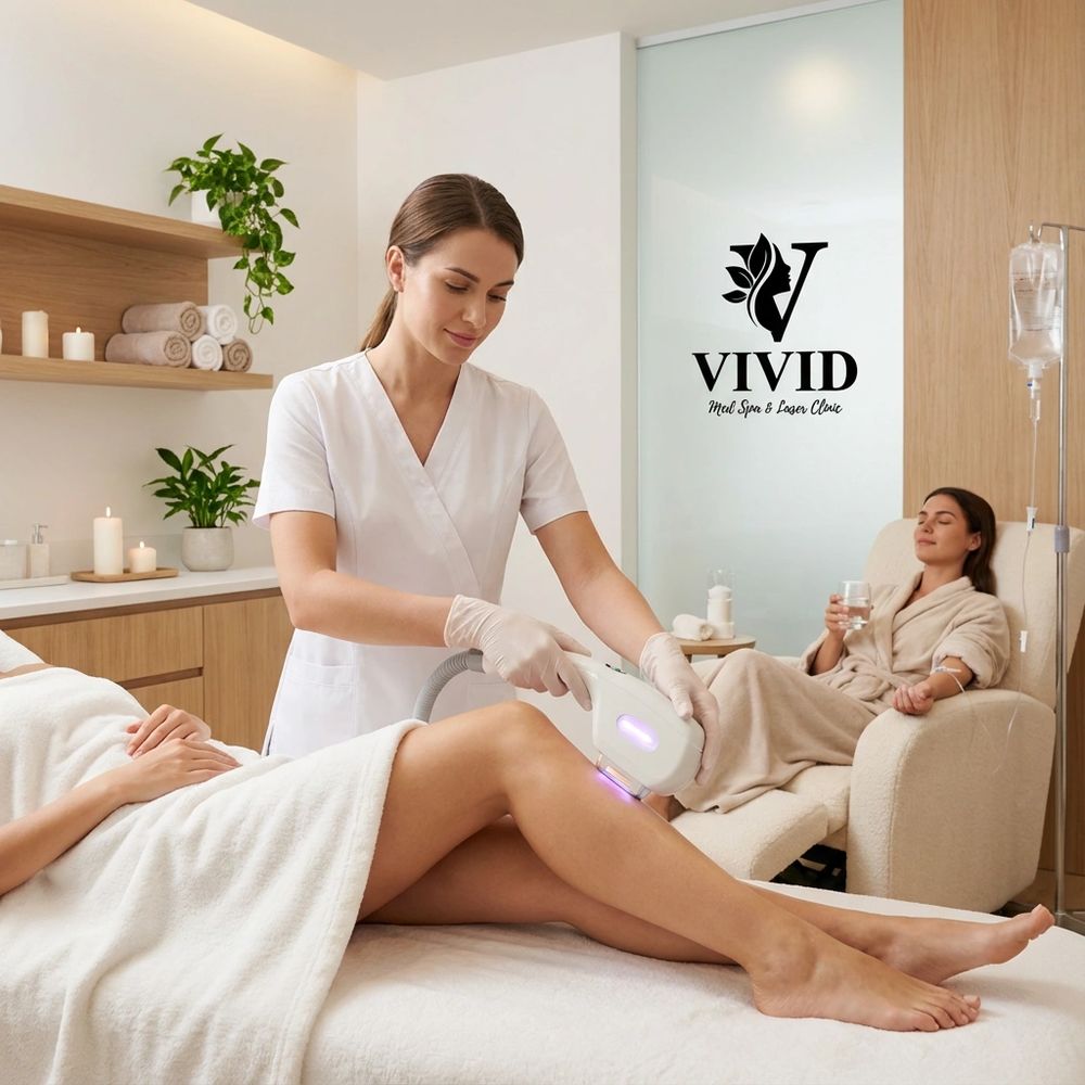 A beautician performs laser hair removal on a client's leg in a serene spa setting.