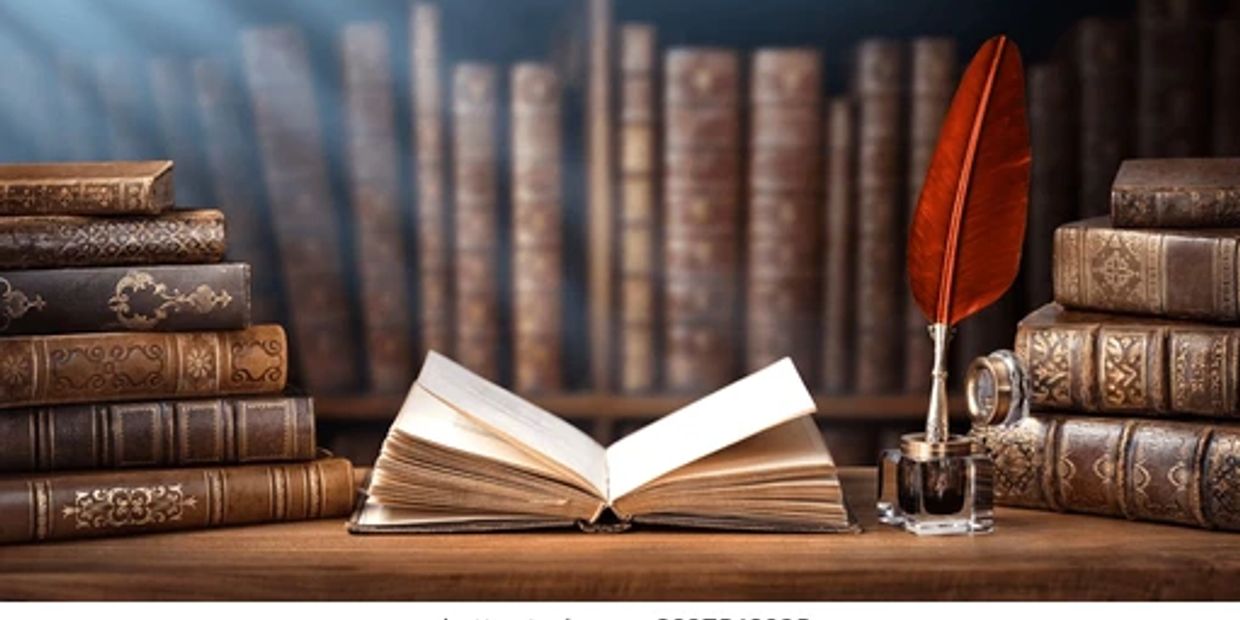 Open vintage book with feather quill and leather-bound books on wooden table.