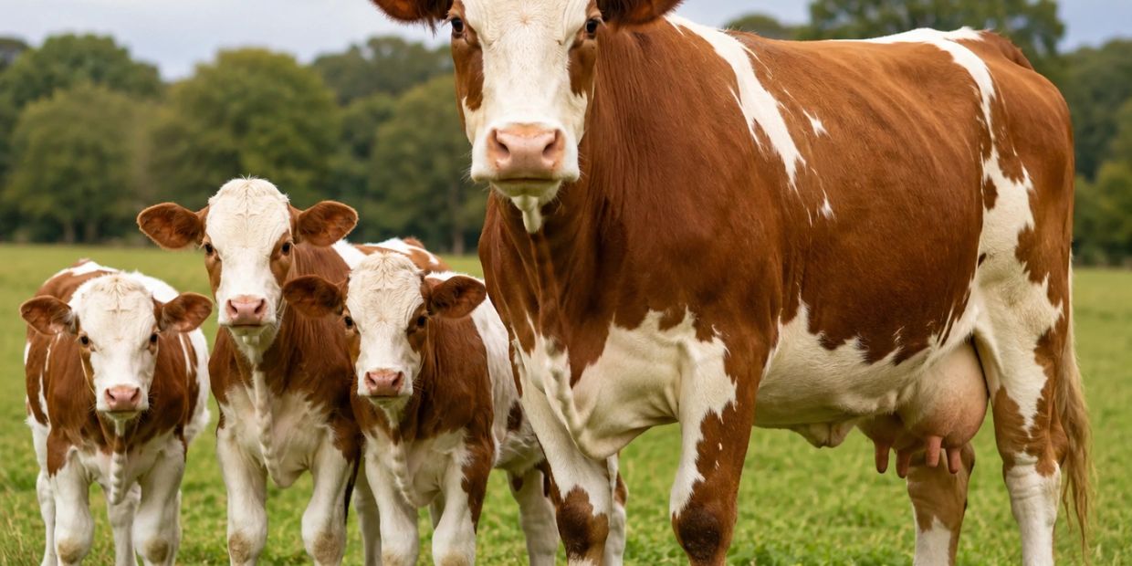 A brown and white cow with four calves standing in a green field.