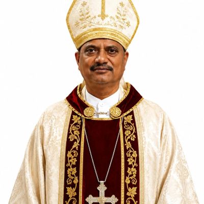 A man dressed in ornate religious bishop attire with a cross necklace.