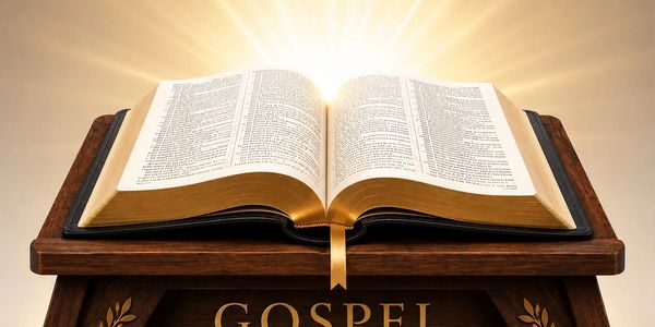 Open gospel book glowing with radiant light on a wooden stand.