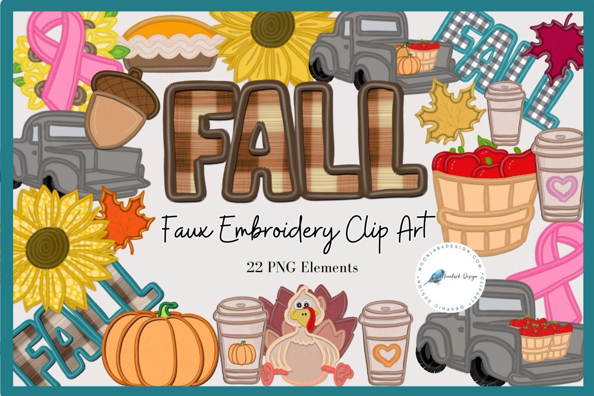 Fall Faux Embroidery Clip Art, Commercial Use PNG files