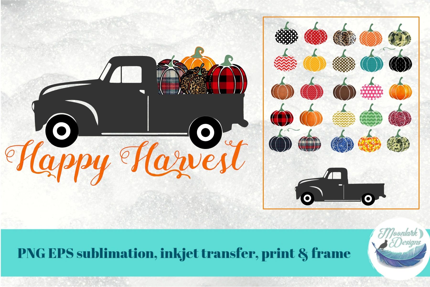 Download Vintage Truck And Patterned Pumpkins Clip Art Png For Sublimation And Svg Cut File For Print