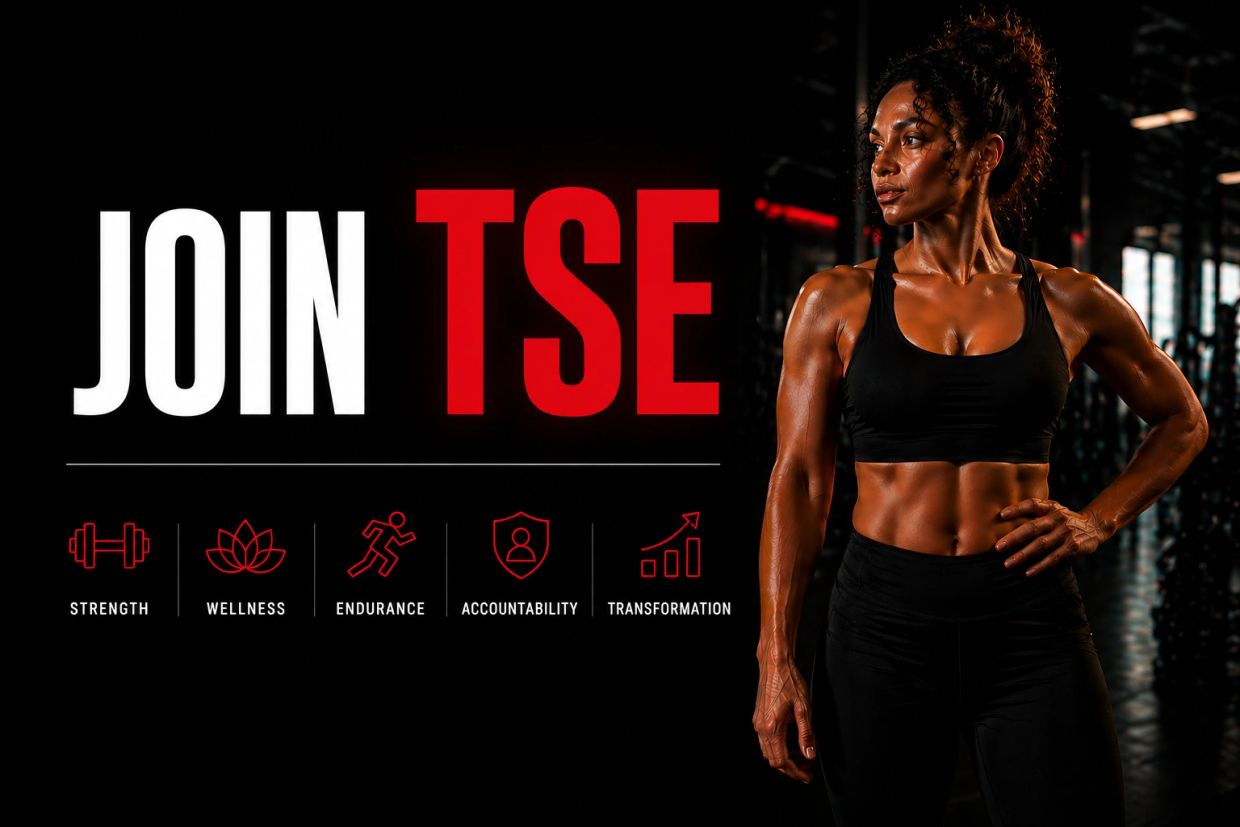 Muscular woman promoting fitness with text highlighting strength, wellness, and transformation.
