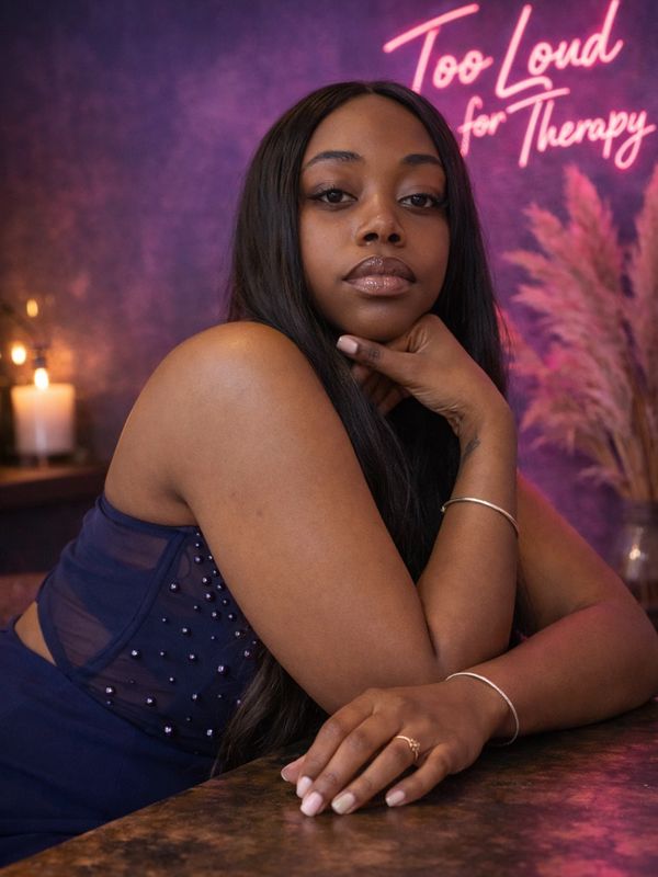 A woman poses thoughtfully in a dimly lit room with a neon sign that reads 'Too Loud for Therapy'.