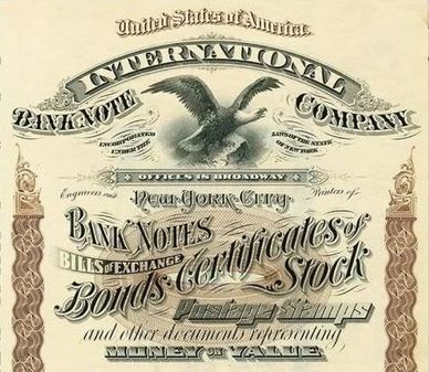 Vintage certificate for the International Banknote Company with intricate typography and an eagle illustration.