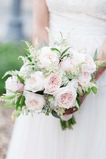  pale pink garden rose bridal bouquet, wedding bouquet, wedding flowers held by the bride
