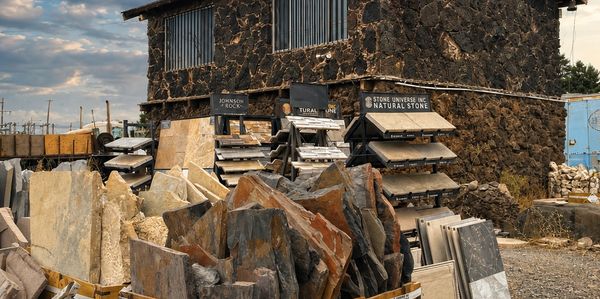 Johnson Rock's Santa Rosa stone yard and front office, surrounded by natural stone, flagstone 