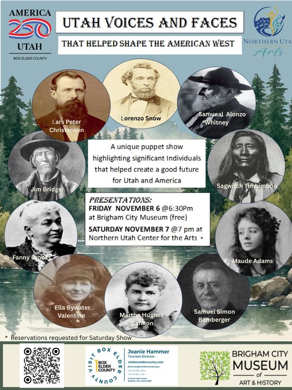 Poster promoting a puppet show about historical Utah figures.