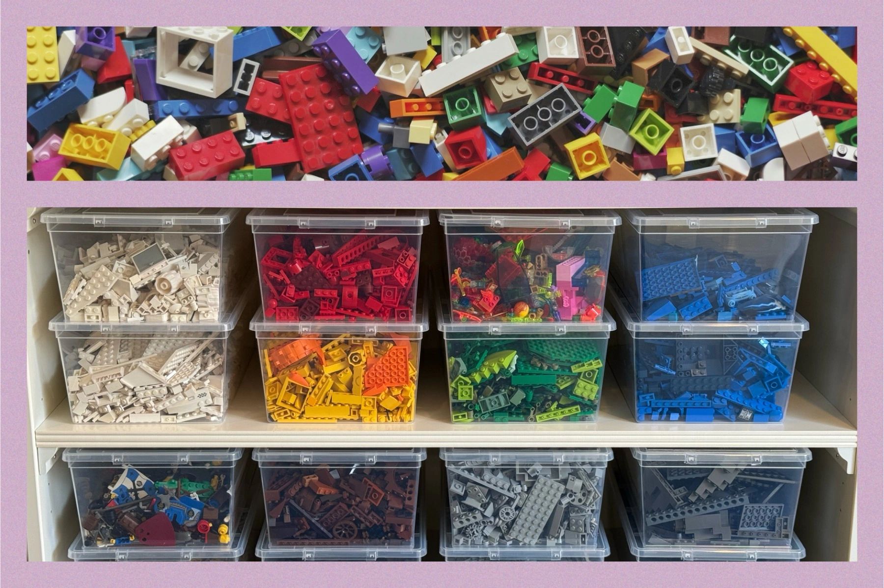 lego pieces jumbled together and then sorted by color into bins