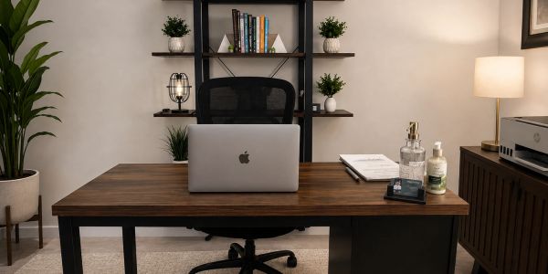 Modern home office with a laptop and plants.