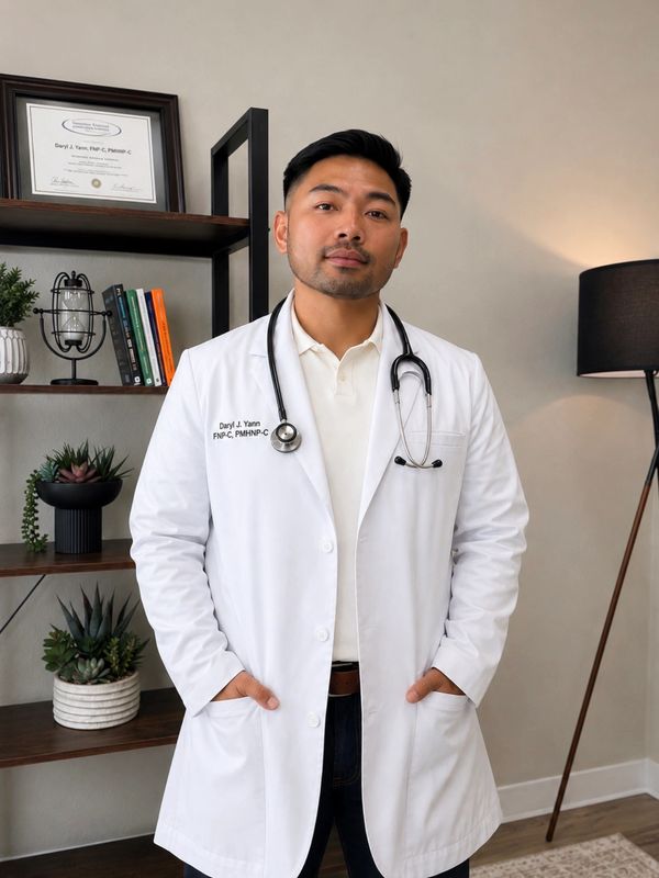 Young male doctor in a white coat with a stethoscope.