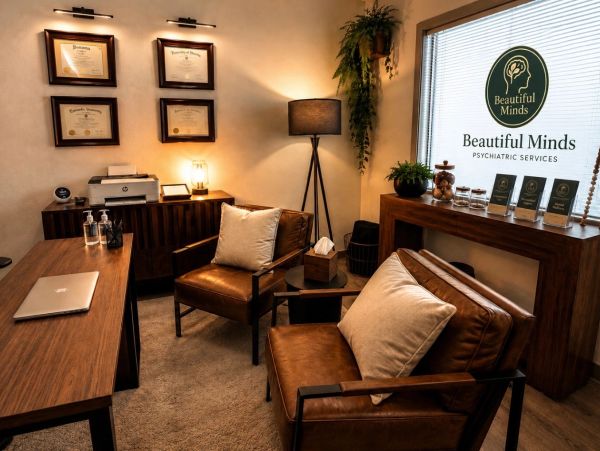 Cozy psychiatric office with leather chairs and diplomas.