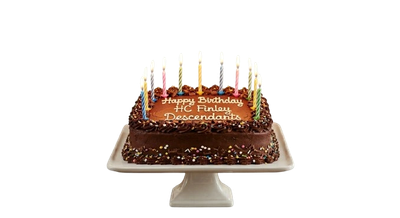 Chocolate birthday cake with candles on a white stand.