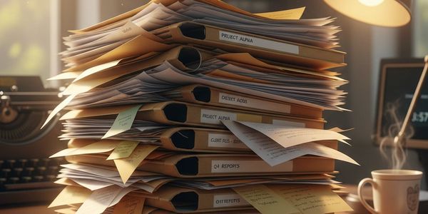 A large stack of labeled binders and papers on a desk with a steaming cup of coffee.