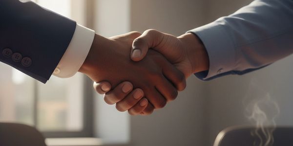 Two people shaking hands in a professional setting.