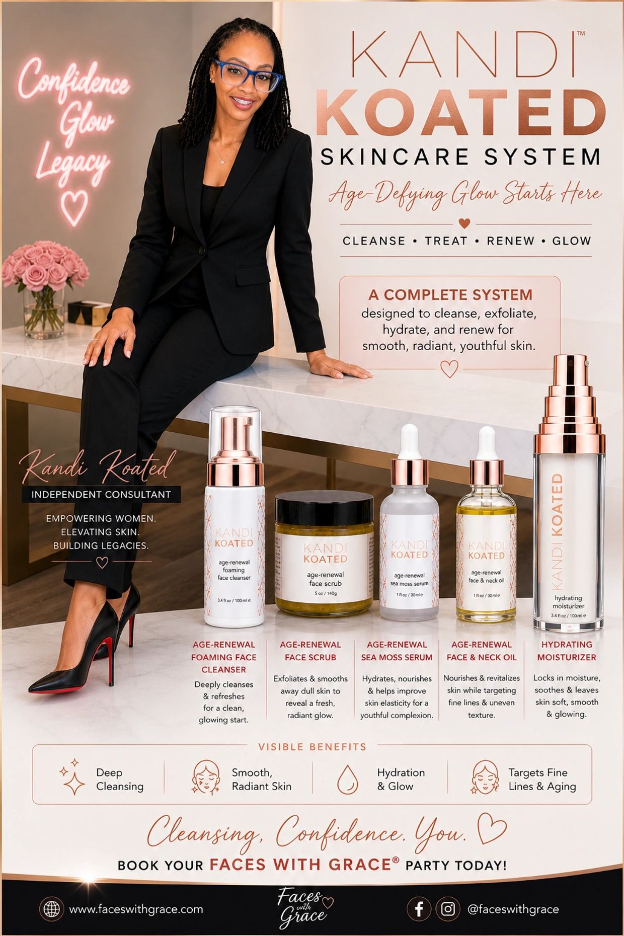 Kandi Koated skincare system promotes age-defying glow with cleansing, treating, renewing, and glowing products.