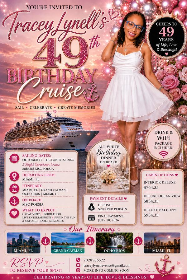 Invitation for Tracey Lynell's 49th birthday cruise with sailing details and cabin options.