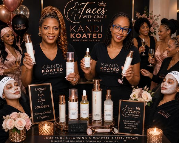 Women showcasing Kandi Koated skincare products at a lively skincare party.