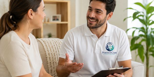 Care professional consulting with a woman in a home setting.