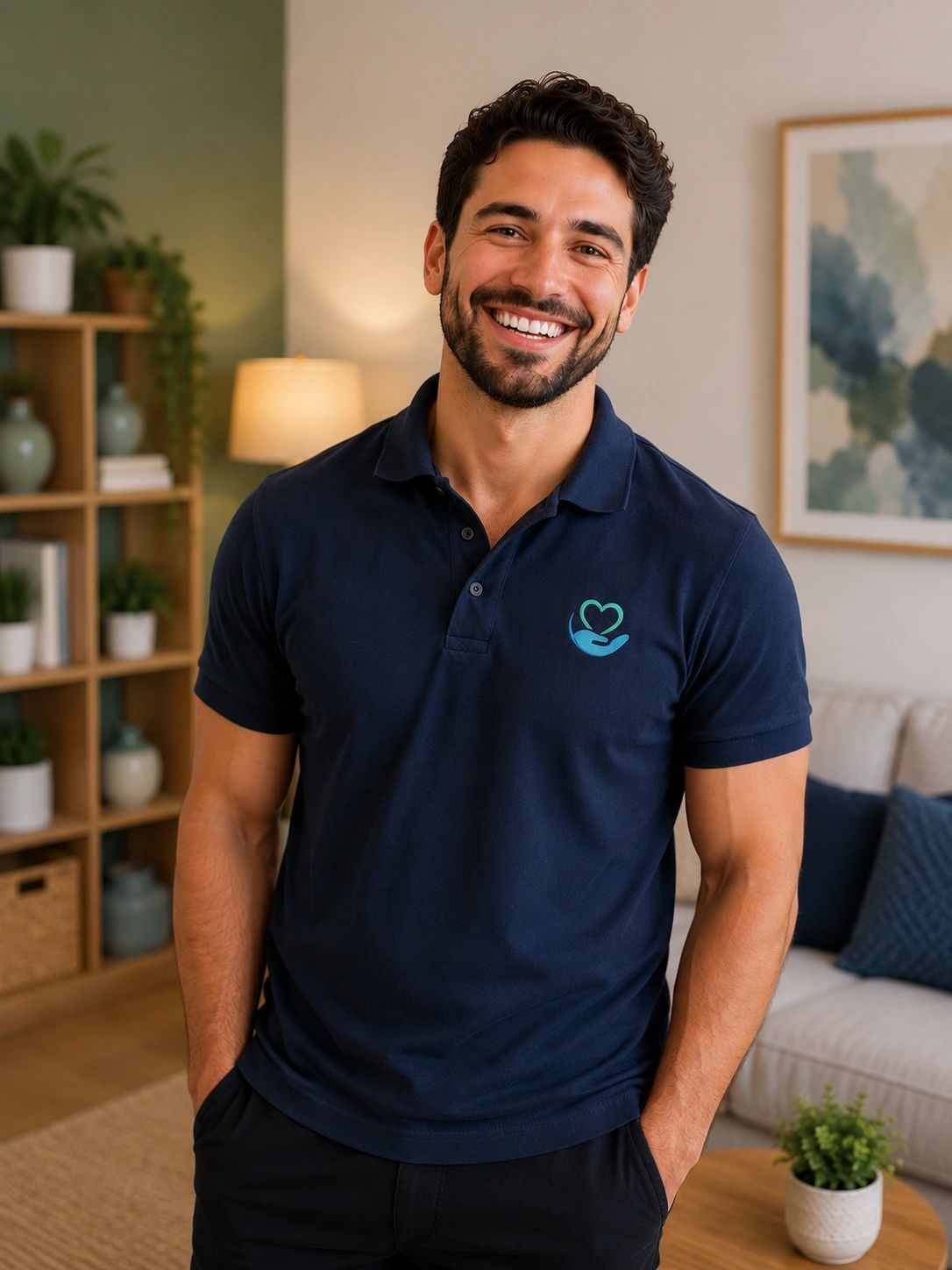 Smiling man in a navy polo shirt with a heart and hand logo.