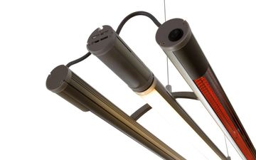 Three ceiling-mounted tubular heaters with one glowing red.
