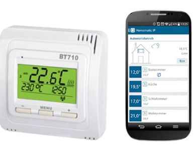 Digital thermostat BT710 and smartphone showing home temperature control app.
