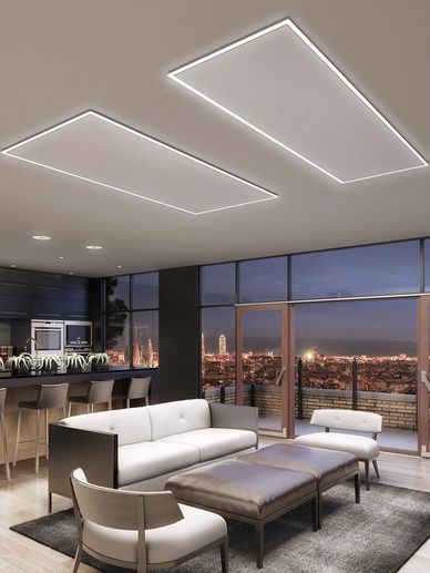 Modern living room with panoramic city views and minimalist furniture.