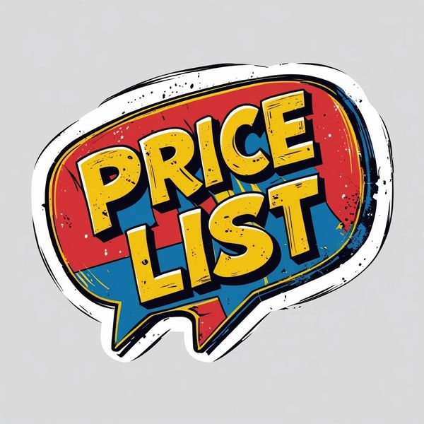 Colorful speech bubble with the words 'PRICE LIST' in bold letters.